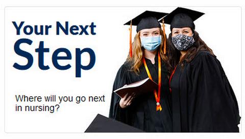 你的下一个步骤:下在护理你将去哪里?两个学生在毕业典礼上的照片。